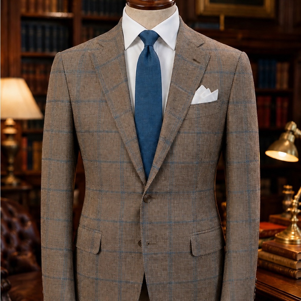ISAIA Summer Linen Sport Coat in Tan w/ Aqua Windowpane + Petronius Aqua Tie